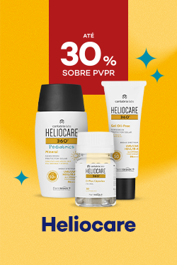 Protetores Solares da marca Heliocare com destaque promocional de at&eacute; 30% sobre pre&ccedil;o de Venda ao P&uacute;blico Recomendado